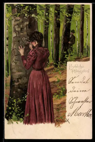 Künstler-AK Alfred Mailick: Junge Dame ritzt Herz in Baumrinde, Pfingstgruss