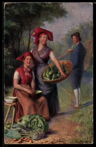 AK Frauen beim Gurken sammeln in spreewälder Trachten
