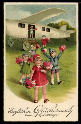 AK Kinder mit Blumen am Flugzeug, Geburtstagsgruss