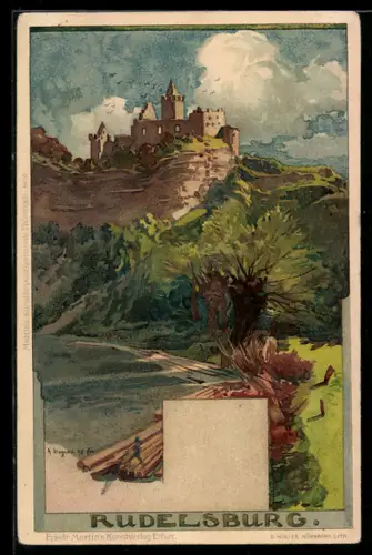 Künstler-AK Albert Stagura: Rudelsburg, Blick zur Burg