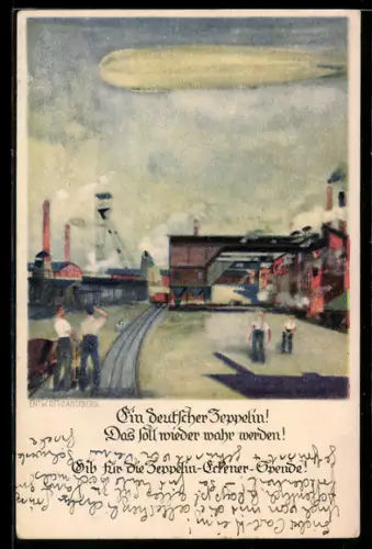 Künstler-AK Otto Amtsberg, Zeppelin-Eckener-Spende, Zeppelin über einem Industriegebiet