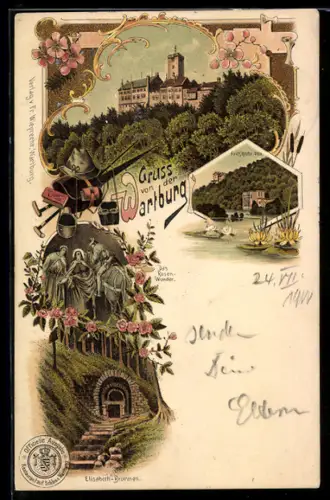Lithographie Eisenach, Wartburg, Fritz Reuter-Villa, Elisabethbrunnen