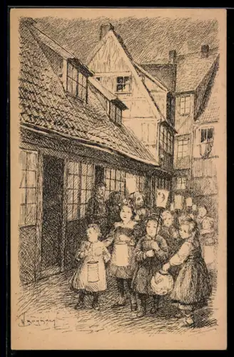 Künstler-AK sign. W. Wombach: Hamburger Kinder beim Laternenumzug