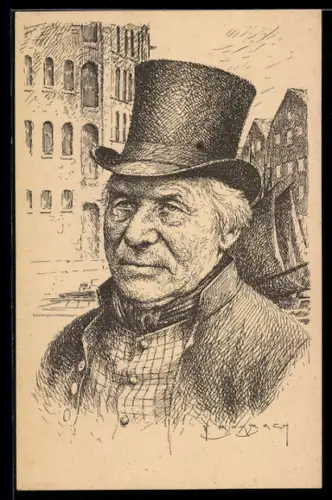 Künstler-AK sign. W. Wombach: Hamburger Quartiersmann mit Zylinder auf der Strasse