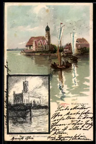 Künstler-AK Carl Biese: Wasserburg / Bodensee, Schloss Montfort und Partie an der Bootsanlegestelle
