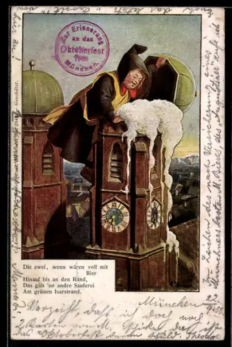 AK Münchner Kindl auf Turm der Frauenkirche voller Bier
