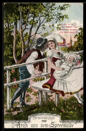 AK Ein Mann in spreewälder Tracht küsst die Wange seiner Frau, die ein Baby auf dem Schoss hat