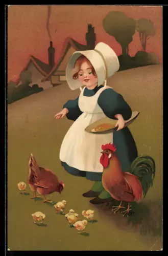 Künstler-AK M.Munk Nr. 1904: Dorfkinder, kleines Bauernmädchen beim Füttern der Hühner
