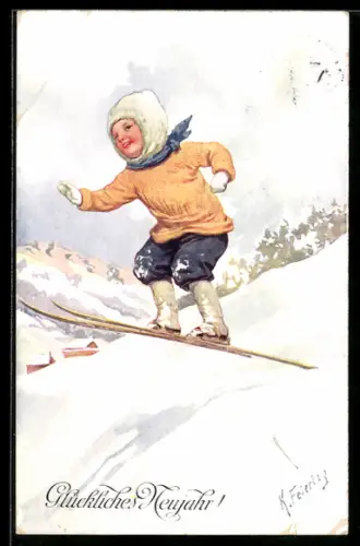 Künstler-AK Karl Feiertag: Frohe Fahrt ins neue Jahr!, Kind auf Skiern beim Sprung
