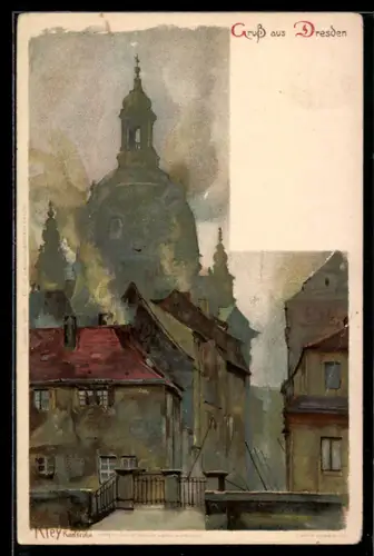Künstler-AK Heinrich Kley: Dresden, Frauenkirche mit Wohnhäusern