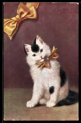 Künstler-AK schwarz-weiss gefleckte Katze mit gelber Schleife um den Hals