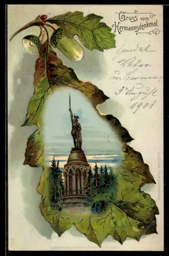 Passepartout-Lithographie Detmold, Das Hermannsdenkmal in einem Eichenblatt