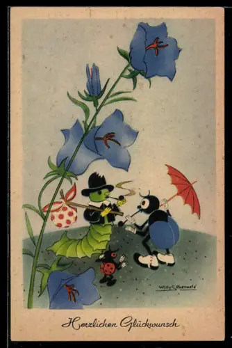 Künstler-AK Willy Schermele: Raupe unterhält sich mit einer Ameise, Glückwunsch
