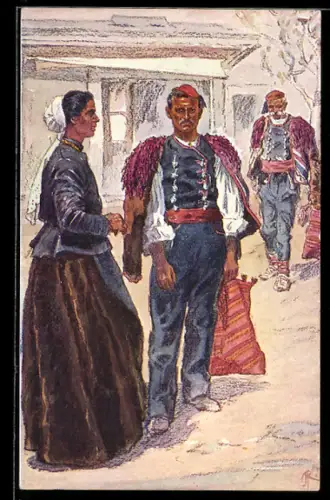 Künstler-AK A. Kaspar: Spalato, Frau und zwei Männer in Tracht