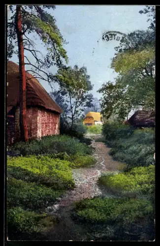 Künstler-AK Photochromie Nr. 3144: Bauernhäuser zwischen den Bäumen gelegen, am kleinen Bach