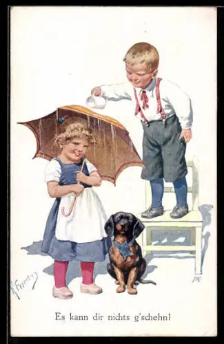 Künstler-AK Karl Feiertag: Dackel sitzt unter einem Regenschirm, Junge giesst Wasser über den Schirm seiner Freundin