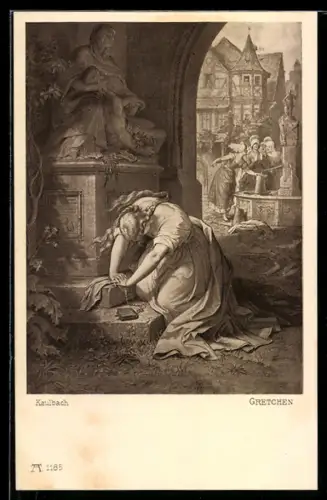 AK Gretchen kniet am Denkmal, Faust