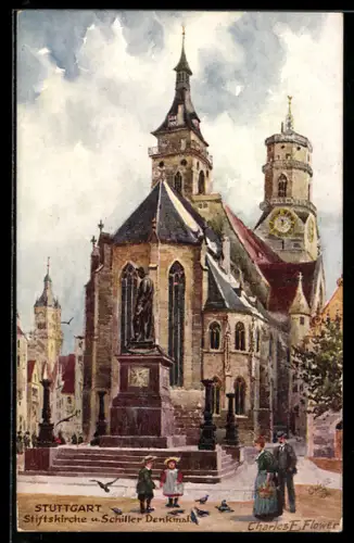 Künstler-AK Charles F. Flower: Stuttgart, Stiftskirche und Schiller-Denkmal