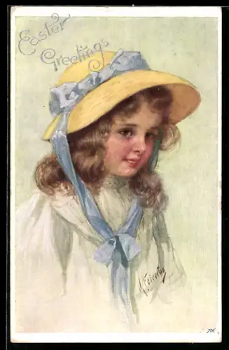 Künstler-AK Karl Feiertag: Niedliches Mädchen mit Strohhut mit blauer Schleife