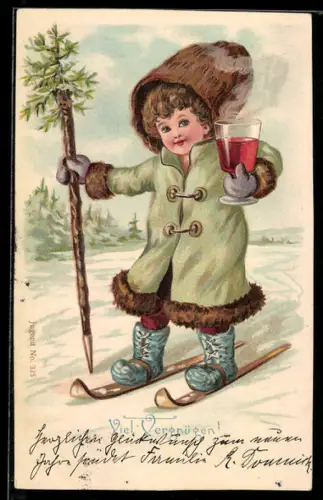 Künstler-AK Mädchen auf Skiern mit Weinglas in der Hand