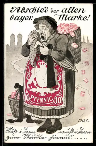 Künstler-AK P.O.Engelhard (P.O.E.): Alte Frau weint der bayr. Mark nach