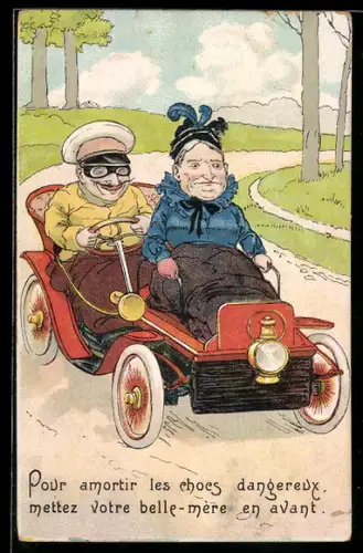 AK Pour amortir les chocs dangereux, mettez votre belle-mère en avant, altes Ehepaar fährt im Auto