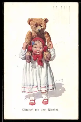 Künstler-AK Karl Feiertag: kleines Mädchen trägt ihren Teddy auf dem Rücken