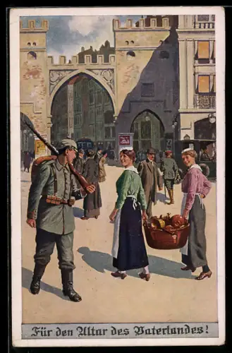 AK München, Soldat flirtet mit Dienstmächen am Karlstor