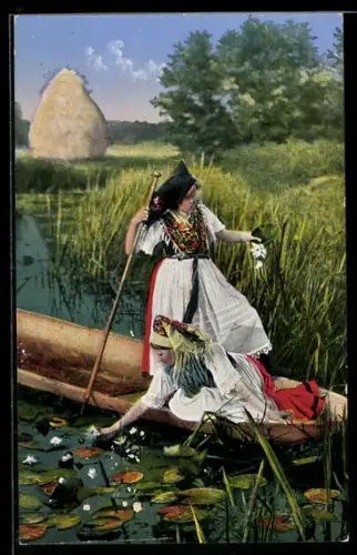 AK Frauen in Spreewälder Tracht bei einer Kahnfahrt