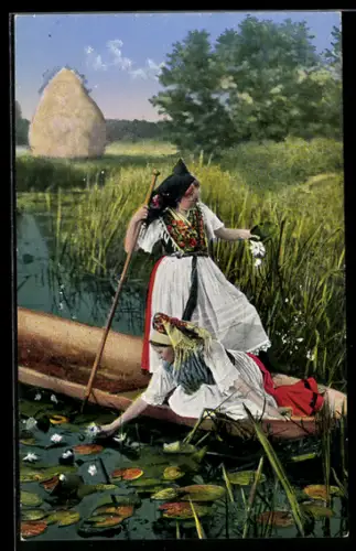 AK Frauen in Spreewälder Tracht bei einer Kahnfahrt
