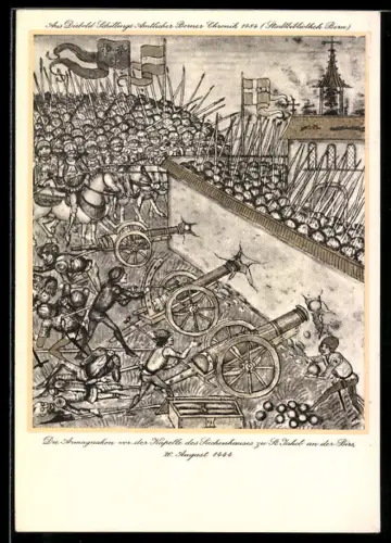 AK Die Armagnaken vor der Kapelle des Siechenhauses zu St. Jakob an der Birs 1444