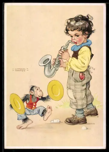 Künstler-AK Lungers Hausen: Junge musiziert mit Affen, Saxophon, Becken