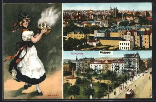 AK Plauen i. V., Albertplatz mit Strassenbahn, Gesamtansicht