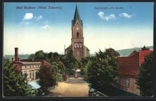 AK Buckow, Marktplatz mit Kirche & Central-Hotel