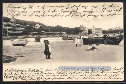 AK Binz a. R., Strandpartie mit Hotel Seeschloss und Strandkörben