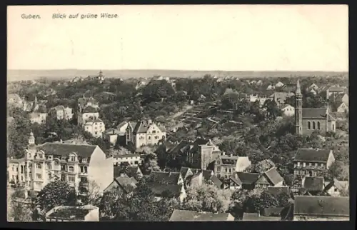 AK Guben, Blick über die Dächer des Ortes auf die grüne Wiese
