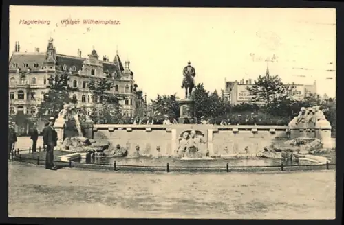 AK Magdeburg, Partie am Kaiser Wilhelmplatz mit Reiterstatue
