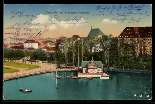 AK Freiberg, Kreuzteich mit Schwanenschlösschen
