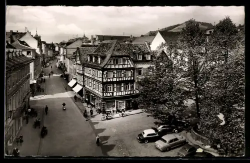 AK Bensheim a. d. Bergstrasse, Marktplatz, Fachwerkhäuser, Strassenszene