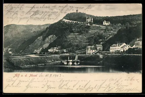 AK Alf a. d. Mosel, Ortsansicht mit Mosel, Häusern und Burgruine