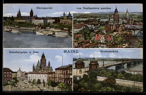 AK Mainz, Rheinansicht, vom Stephansturm gesehen, Gutenbergplatz und Dom, Strassenbrücke