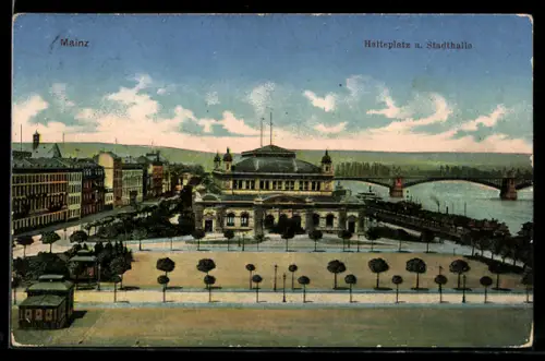 AK Mainz, Halteplatz, Stadthalle, Rheinbrücke