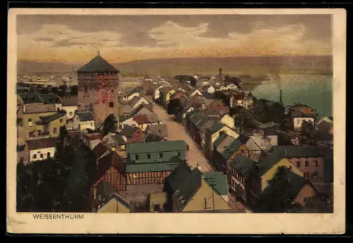 AK Weissenthurm, Ortsansicht mit Turm und Rhein