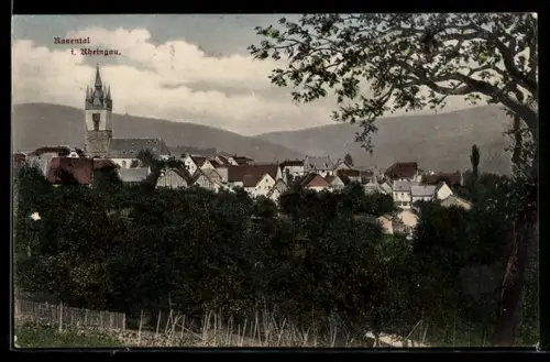 AK Rauental i. Rheingau, Ortsansicht mit Kirche und umliegender Landschaft