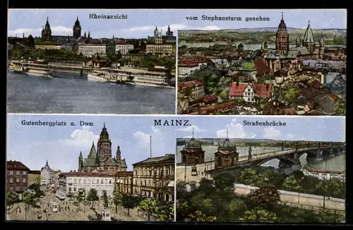 AK Mainz, Rheinansicht, Dom, Strassenbrücke, Gutenbergsplatz