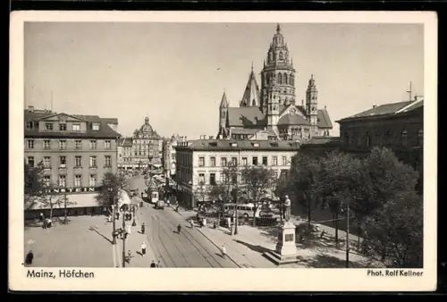 AK Mainz, Höfchen, Dom, Strassenbahn, Denkmal