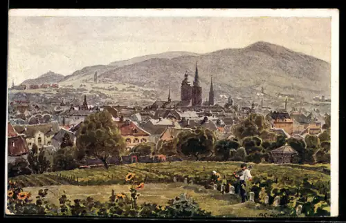 Künstler-AK Neustadt /Haardt, Blick von der Haardt auf Ortsansicht mit Weinbergen und Kirche