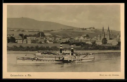 AK Geisenheim a. Rh., Dampfschiff auf dem Rhein, Ortsansicht, Blick von der Ilmenau
