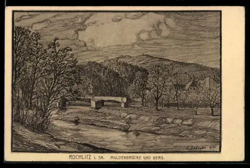 Künstler-AK Rochlitz i. Sa., Muldenbrücke, Berg