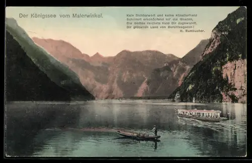 AK Königssee, Malerwinkel, Ruderboot, Ausflugsboot